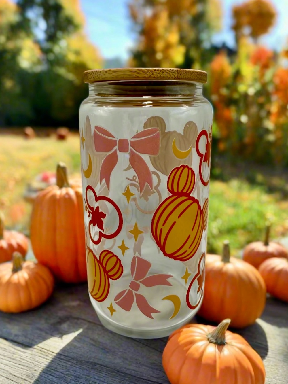 ☁️ HANDCRAFTED BY MINTCLOUDNINE - CAN GLASS CUP - PUMPKIN MOUSE RIBBONS 🎀